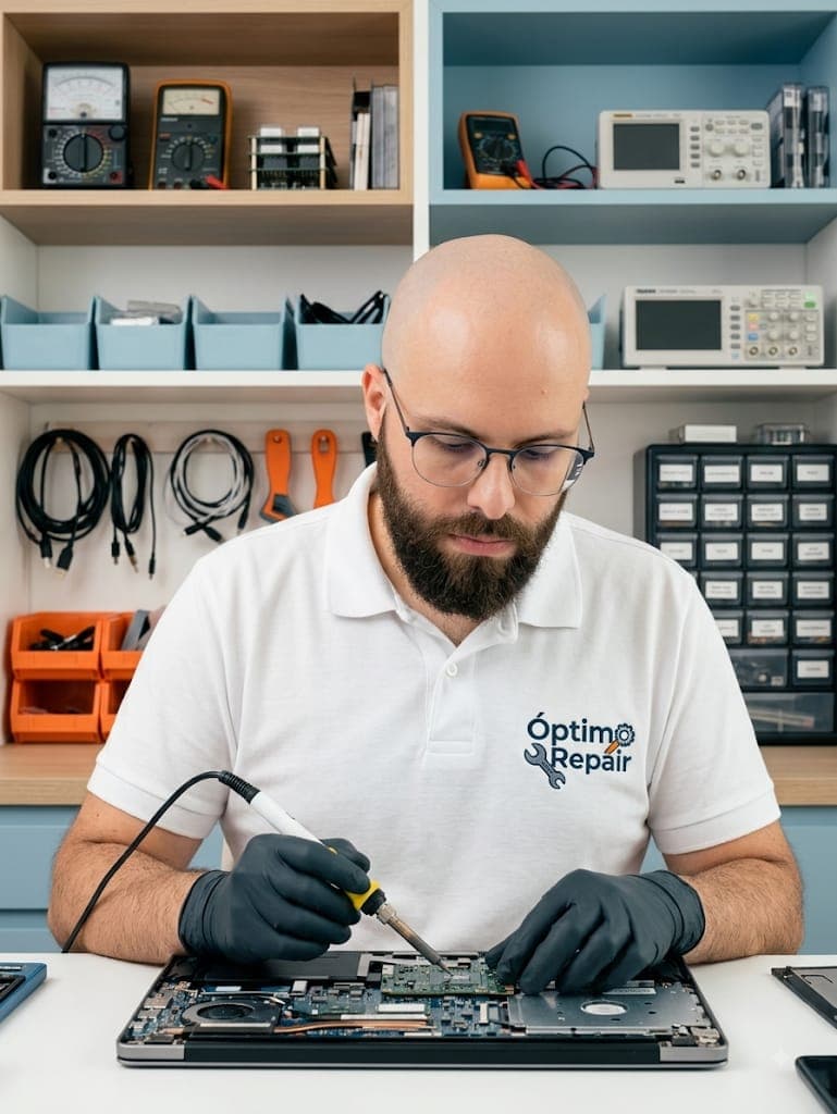 Alex, tècnic d'Òptim Repair, reparant la placa base d'un portàtil al taller