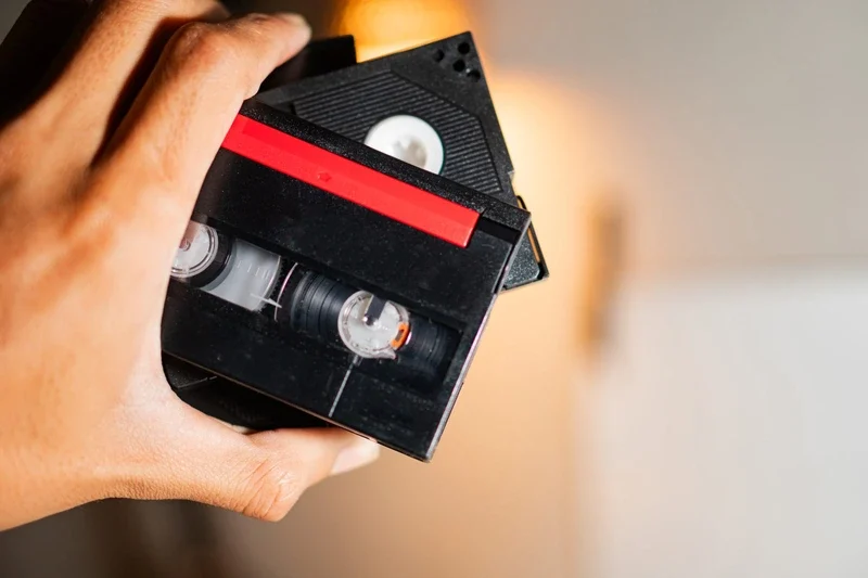 Home mà que sosté una cinta VHS antiga